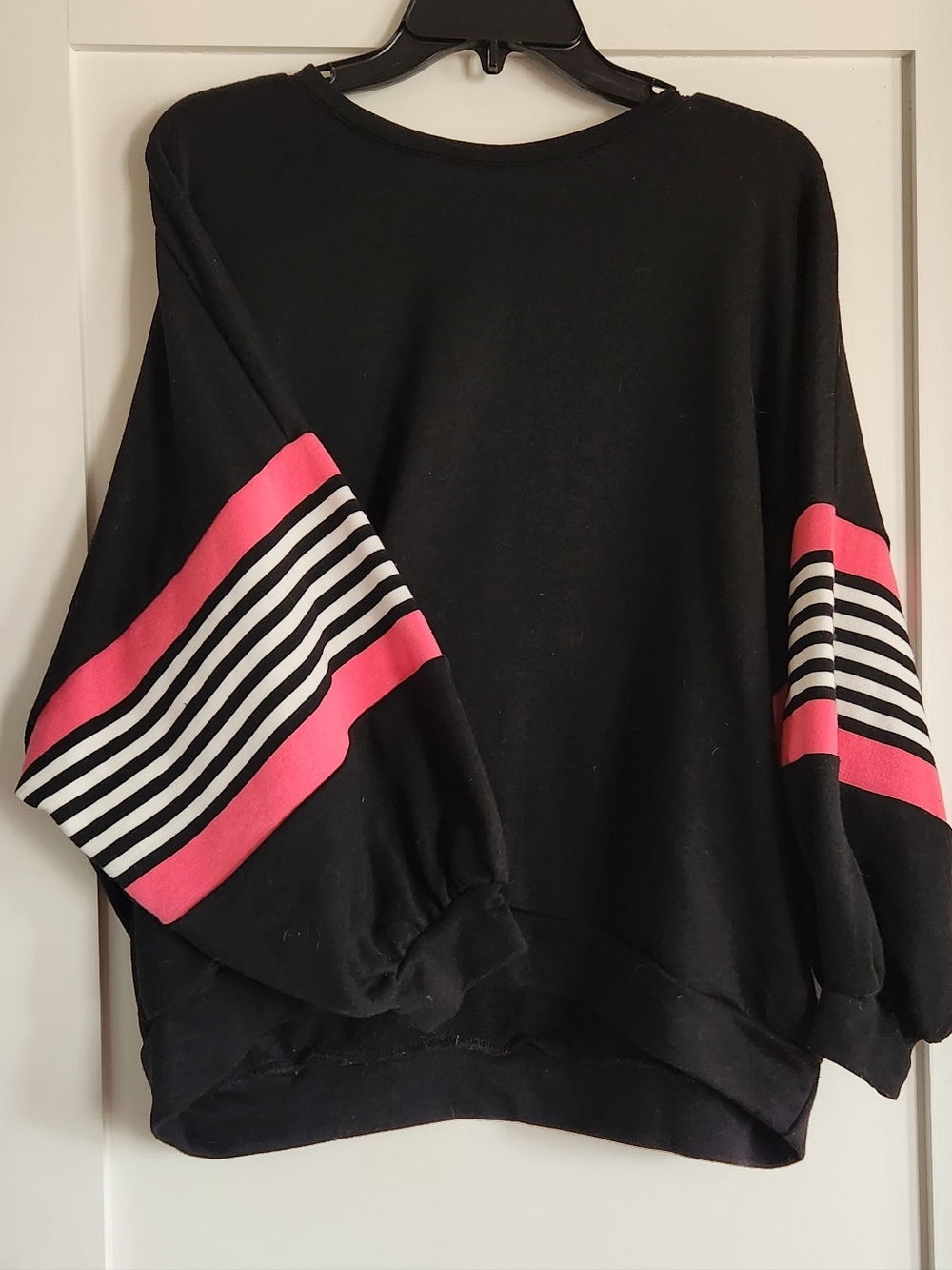 Say What? Black Sweatshirt with Pink and White Striped Balloon Sleeves